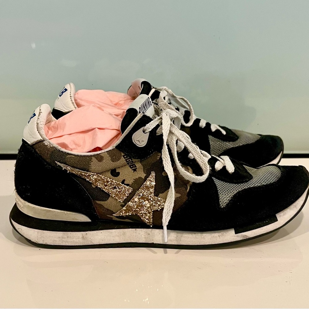 Golden Goose Running Sneakers with Black Suede | Camo Print & Gold Glitter Star